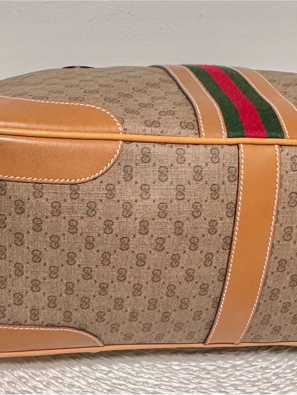 Gucci Tan GG Supreme 2-Way Satchel Boston Bag w/Green-Red Web Stripe Vintage